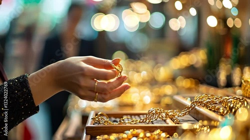 Customers buying gold jewellery at a gold shop, closeup 
