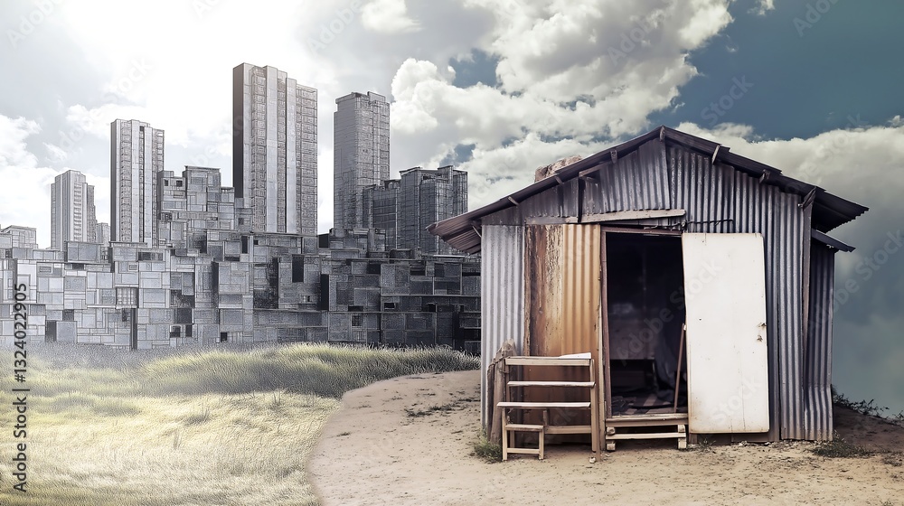 Contrast between rustic dwelling and urban skyline at midday
