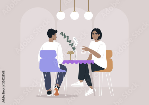A couple shares a pleasant lunch in a modern restaurant, characterized by adorable dopamine decor and a relaxed atmosphere, Illuminated by soft lighting, they enjoy each other's company