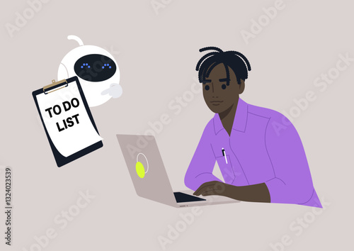 Bright, modern workspace features a robot assisting a focused individual with a digital to-do list, showcasing advanced technology streamlining office tasks