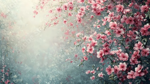 Blooming cherry blossoms serene garden digital art tranquil environment close-up nature's beauty