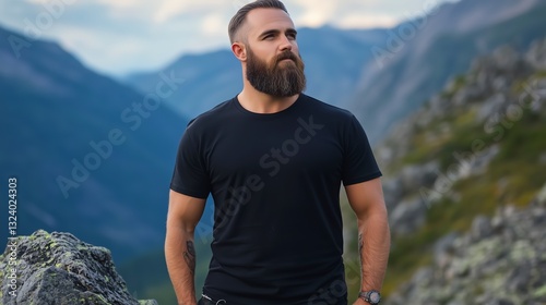Bold bearded traveler in a blank black t-shirt mockup, standing confidently on a rocky mountain peak, gazing into the distance