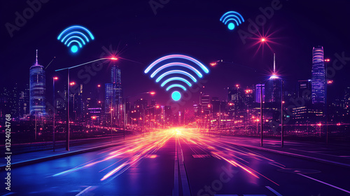Cityscape at night with glowing Wi-Fi signals over illuminated streets.