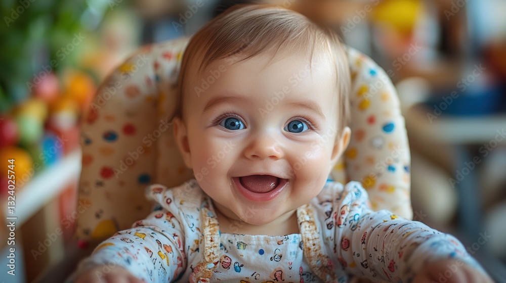 Adorable caucasian baby smiling in high chair with colorful background. Adorable caucasian baby smiling in high chair with colorful background.