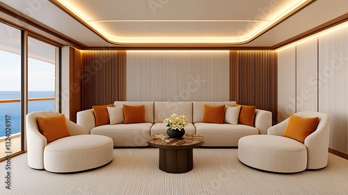 Luxurious Yacht Interior Beige and Orange Sectional Sofa Ocean View