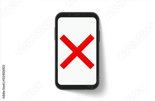 Smartphone screen with a large red cross symbol indicating error or restriction on a white background. 