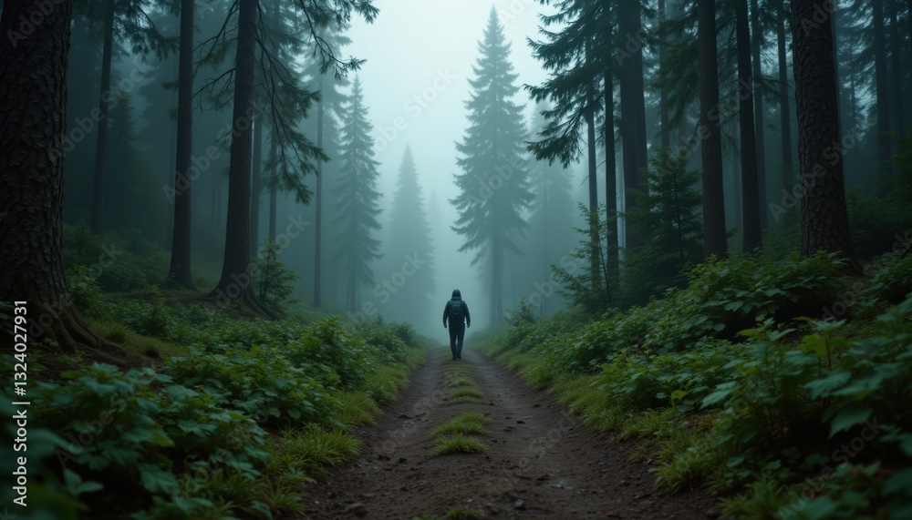 Fototapeta premium Serene Misty Forest Path with Lone Figure Walking Through Tall Pine Trees and Green Foliage