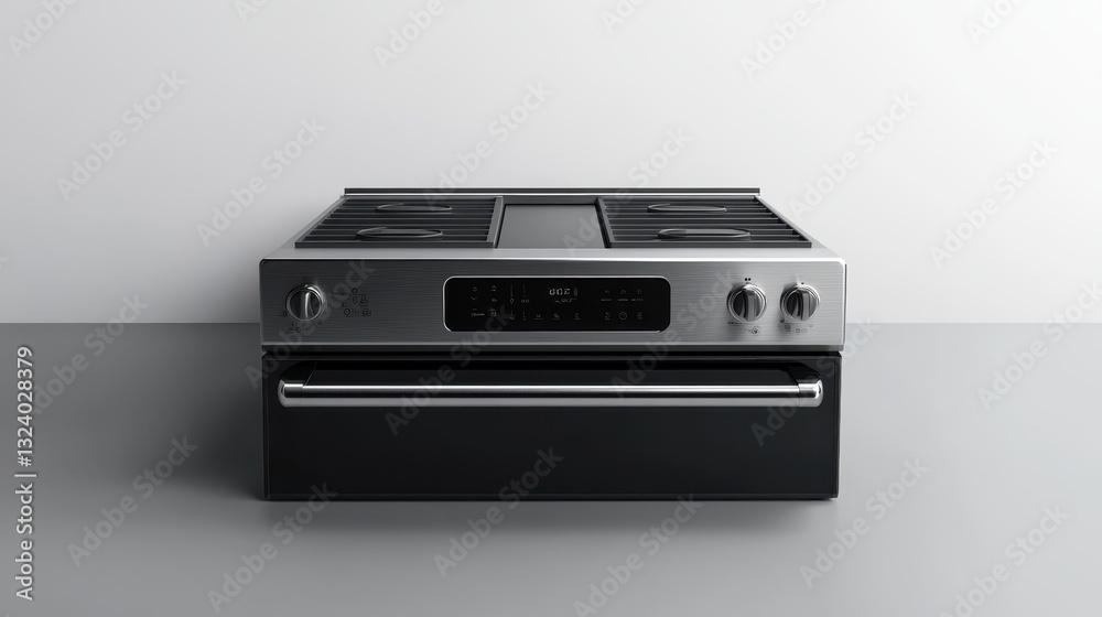 Obraz premium A sleek, stainless steel electric stove, with a gleaming cooktop, stands proudly against a pure white backdrop, ready to bring culinary creations to life.