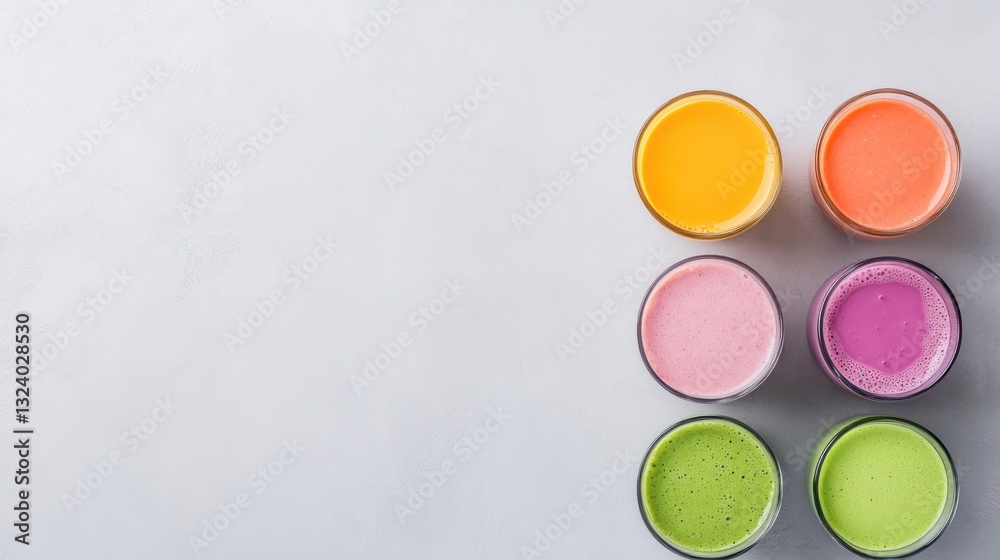 rainbow colorful healthy fresh fruit smoothies collection on grey background rainbow colorful healthy fresh fruit smoothies collection on grey background