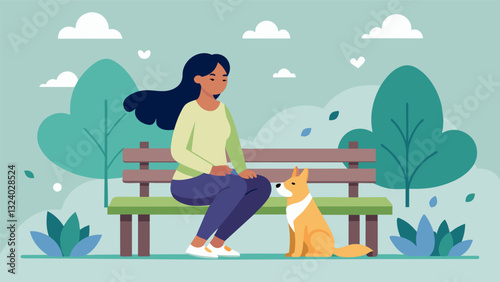 A woman sits on a park bench a therapy dog at her feet as she practices deep breathing exercises the calming presence of the animal aiding in her relaxation.. Vector illustration