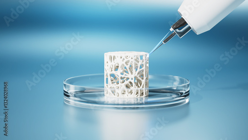 Bioprinted bone sample in petri dish. Innovation in transplantology medicine technology. Bio engineering concept. 3d render illustration