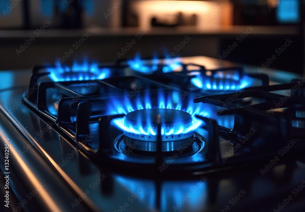 A blue flame from a gas stove illuminates the kitchen at night in this close-up shot A blue flame from a gas stove illuminates the kitchen at night in this close-up shot