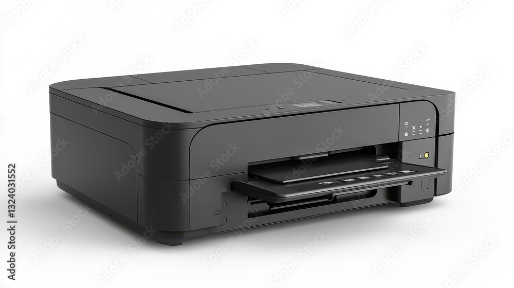 A sleek, black office printer, its edges sharp and modern, stands isolated against a transparent background, ready to print your documents and bring your ideas to life. A sleek, black office printer, its edges sharp and modern, stands isolated against a transparent background, ready to print your documents and bring your ideas to life.