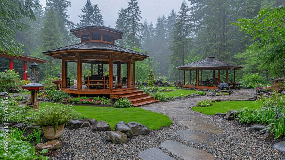 Naklejka premium Rainy Day in a Lush Japanese Garden with Gazebos