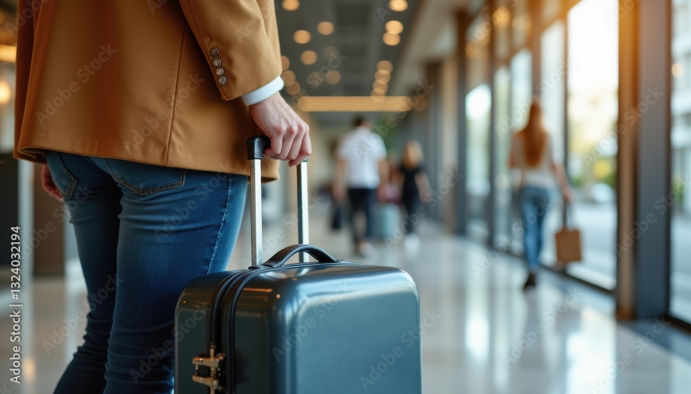 Naklejka premium Person in Blazer Holding Suitcase Walking Through Modern Travel Terminal with Soft Lighting