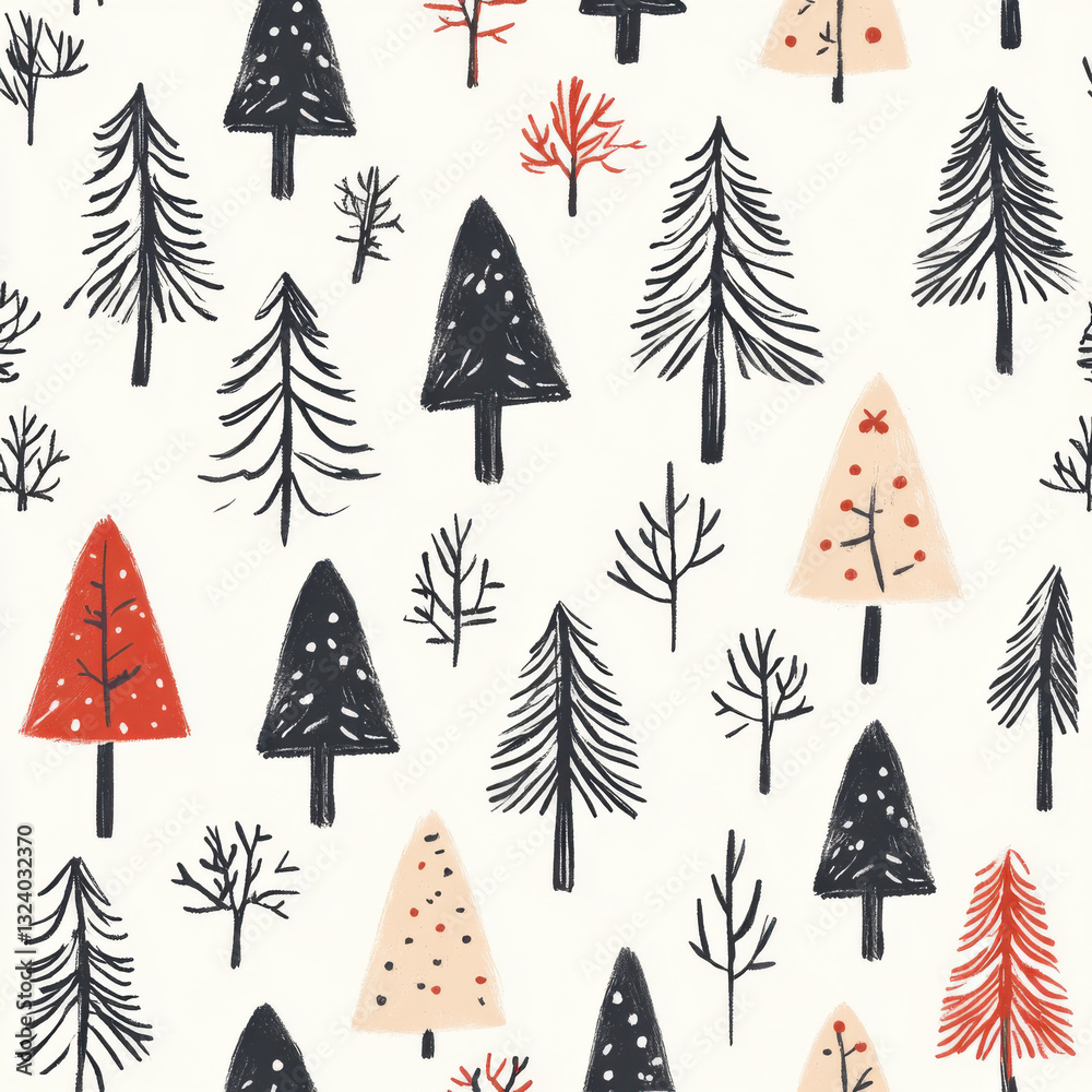 Obraz premium flat pattern featuring hand drawn illustrated christmas trees. trees are sketched in pencil tile