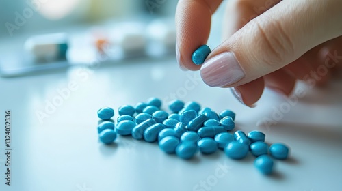 A woman hand delicately holding blue capsules over a white medical table, symbolizing medication and wellness