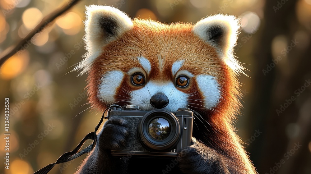 Fototapeta premium Adorable Red Panda Photographer with Vintage Camera
