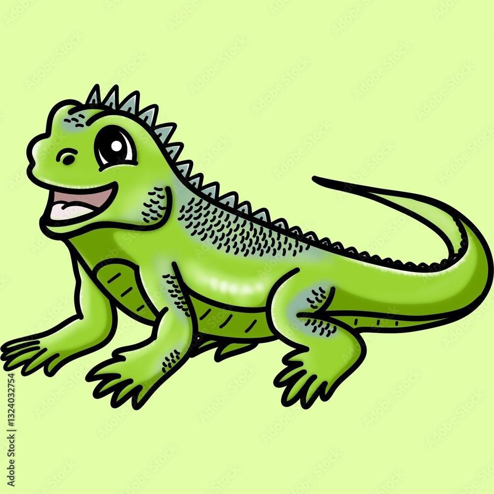 Obraz premium Green iguana clip art cartoon character isolated on green