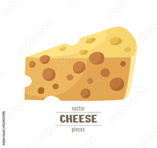 Cheese piece with big holes vector icon. Slice and dice. Cute food element. Image for tasty snack, chips, sauce package, ads design. Craft cheesemaking. Semi-hard type. Dutch Maasdam. Cartoon 3d sign