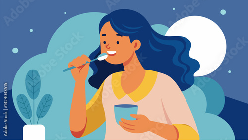 As she brushed her teeth before bed she focused on the taste and sensation of the toothpaste letting go of any worries or stress from the day.. Vector illustration