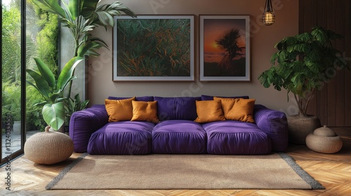 Diseño interior de casa de campo escandinava con sala de estar moderna con sofá de terciopelo morado, luz natural y decoración rústica de buen gusto en un ambiente acogedor.