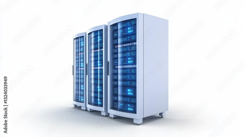 Powerful data center servers with glowing blue lights highperformance computing and network infrastructure Powerful data center servers with glowing blue lights highperformance computing and network infrastructure