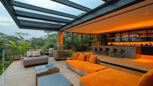 Modern open-air lounge area with glass roof and bar