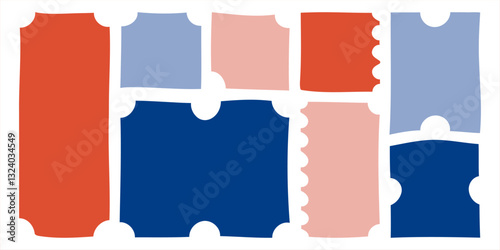 Empty text frames with stabbing, hand drawn tickets and coupons, colorful blank text and message boxes. Vector illustration.