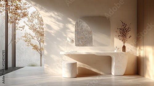 A minimalist dressing table, adorned with a single, slender white lamp, stands gracefully isolated against a crystal clear background, inviting viewers to envision their own reflection in its
