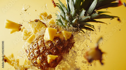  Falling delicious pineapple on isolated yellow background