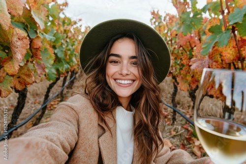 A joyful woman enjoying a glass of white wine in a vineyard