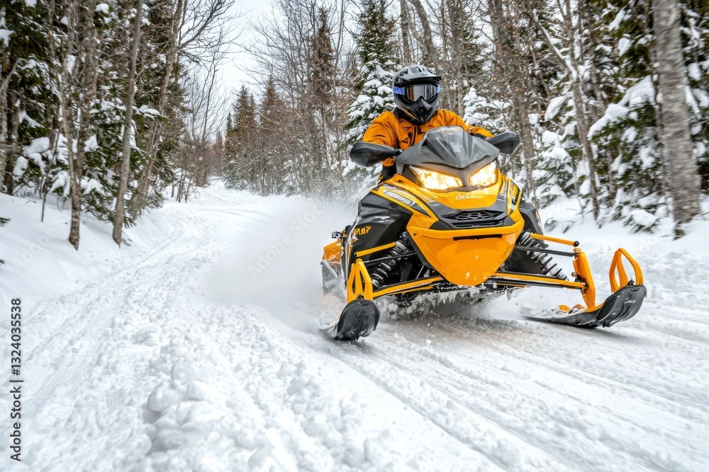 A person riding a snowmobile through a snowy forest trail A person riding a snowmobile through a snowy forest trail