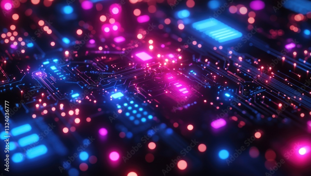 Obraz premium Circuit board shining with blue and purple light