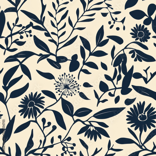 A navy blue and cream pattern with an illustration of leaves, flowers, and plants, vector art