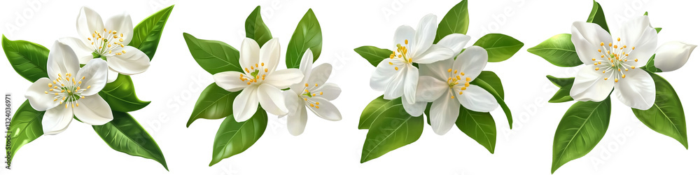 set of White lemon flowers with green leaves, white lemon flowers and green leaves, white lemon flowers surrounded by green leaves, white flowers, green leaves, on a transparent backgrounds set of White lemon flowers with green leaves, white lemon flowers and green leaves, white lemon flowers surrounded by green leaves, white flowers, green leaves, on a transparent backgrounds