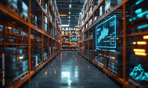 A warehouse with rows of stocked shelves and digital displays. A scene of organized storage, high-tech logistics, and data analysis