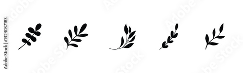 Simple summer, spring branches with leaves. Botanical elements. Floral branch set. Minimalist black silhouette. Flower logo design element. Elegant twig decoration set. Plant icons. Hand drawn black l