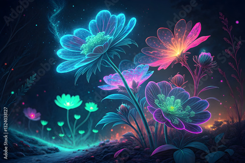 Neon Glow Floral Fantasy – Futuristic Vibrant Flowers with Electric Colors and Dark Background