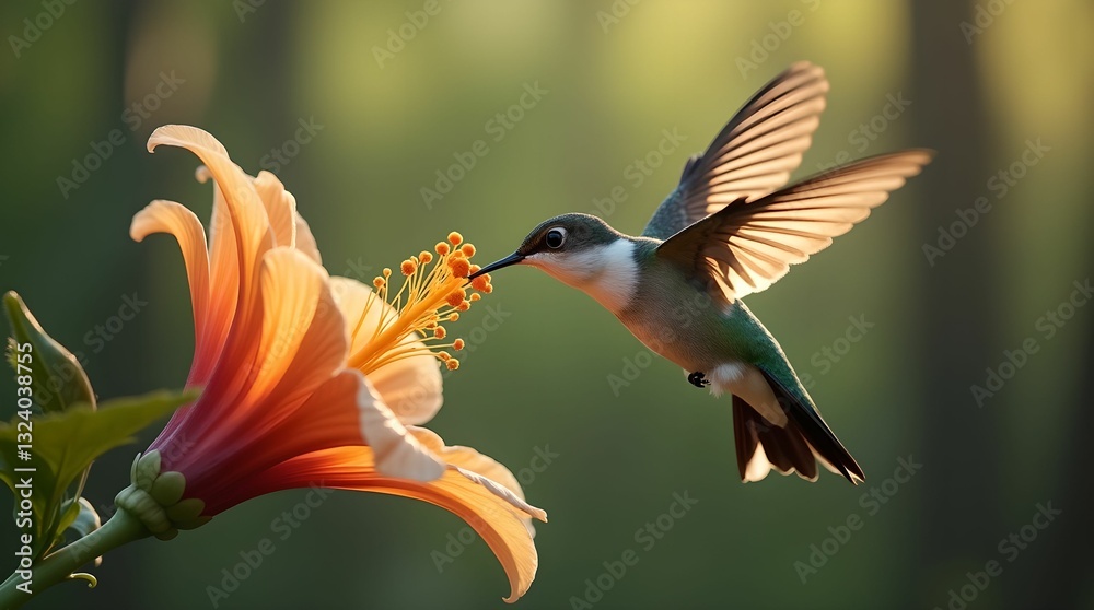 Naklejka premium A beautiful hummingbird hovers over a bright flower