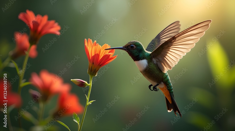 Fototapeta premium A beautiful hummingbird hovers over a bright flower