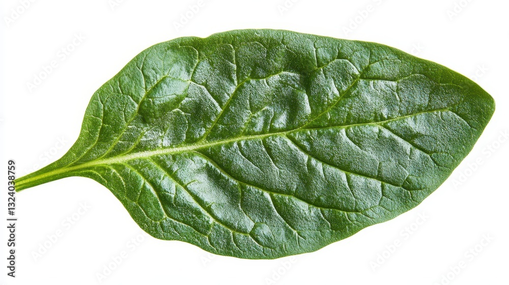 Obraz premium A vibrant, verdant spinach leaf, its surface a tapestry of green veins, is isolated against a pristine, transparent backdrop.