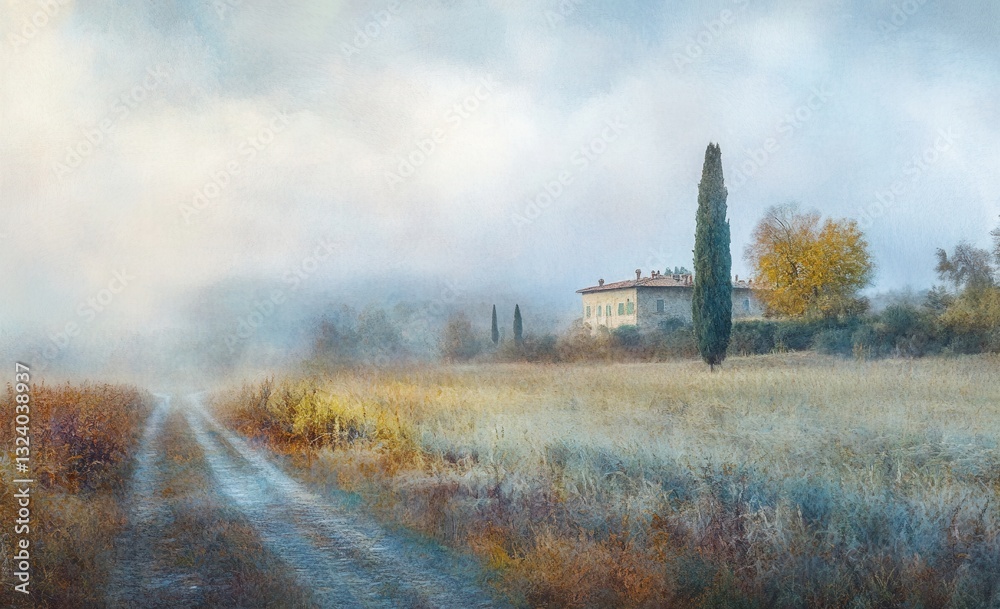 Tuscan landscape with a foggy field and road, early morning, digital painting Tuscan landscape with a foggy field and road, early morning, digital painting