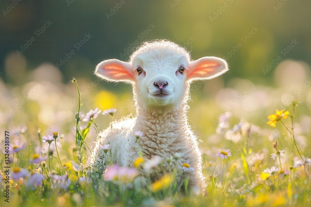 innocent lamb with fluffy white wool frolicking through meadow of wildflowers, morning dew glistening in spring sunlight, pastoral scene with soft bokeh innocent lamb with fluffy white wool frolicking through meadow of wildflowers, morning dew glistening in spring sunlight, pastoral scene with soft bokeh