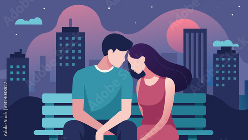 A young couple sits on a bench facing each other their foreheads pressed together as they take deep breaths and sync their heartbeats the sounds of the city fading away as they. Vector illustration