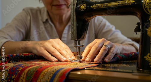 Woman's hands sewing on antique machine