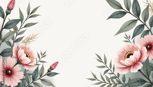 Delicate floral arrangement featuring pink blossoms and green leaves on a soft background copy space