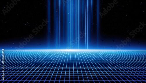 Retro 80s video game background with grid of blue light streaking in space