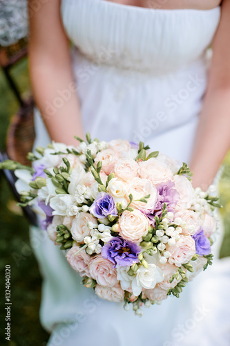 Wallpaper Mural Bride Holding Elegant Pastel Rose and Lavender Floral Wedding Bouquet Torontodigital.ca