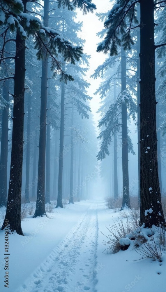 Naklejka premium Ancient snow-covered forest, ethereal fog drifts through tall trees , evergreen, frosted, shadows